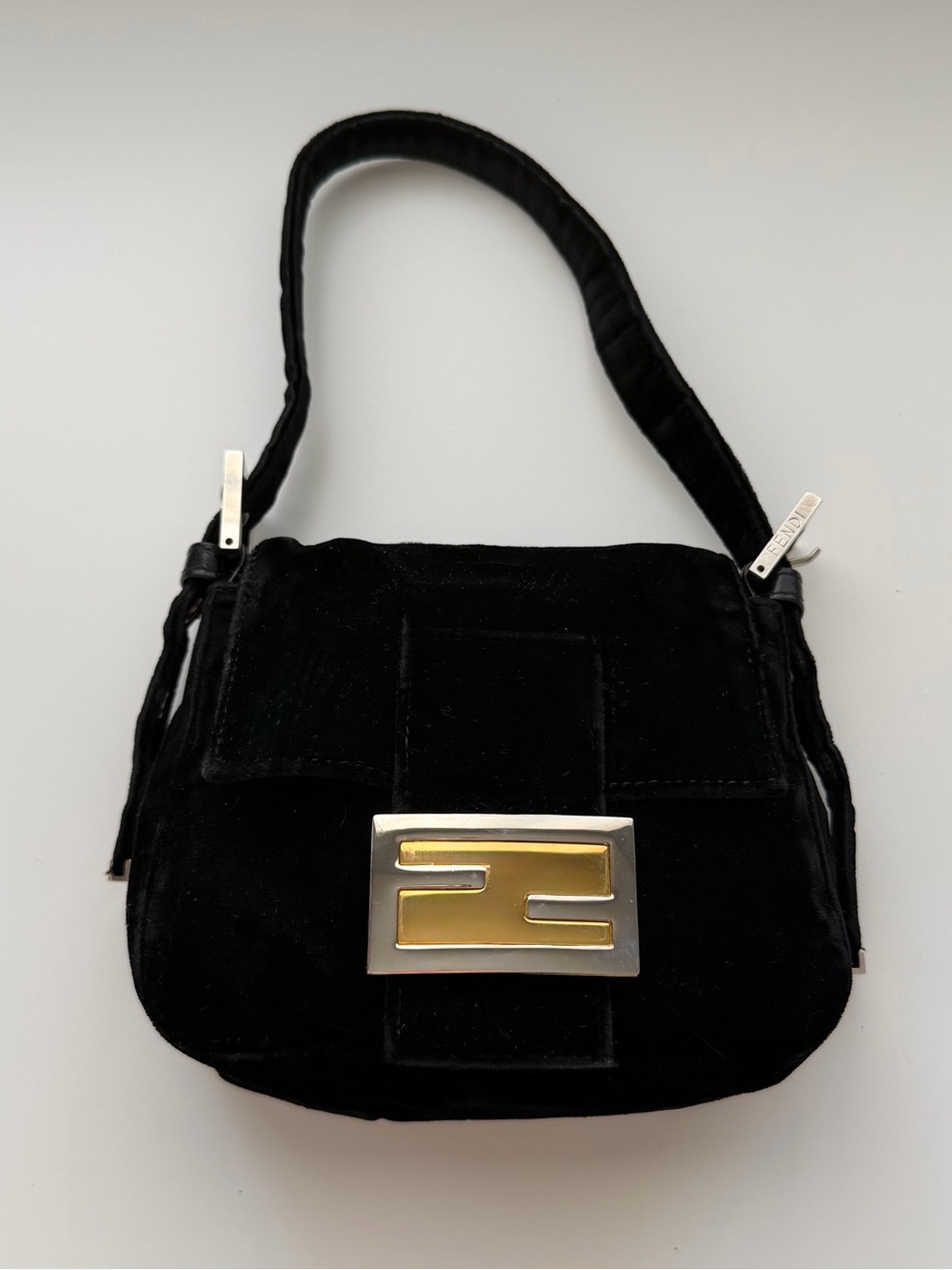 Fendi Black Mini Velvet Baguette Shoulder Bag